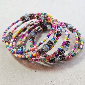 Boho Colorful Seed Bead Memory Wire Wrap Coil Bracelet Rainbow Multi Strand